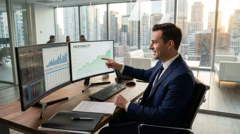 Business owner analyzing revenue expenses and profit