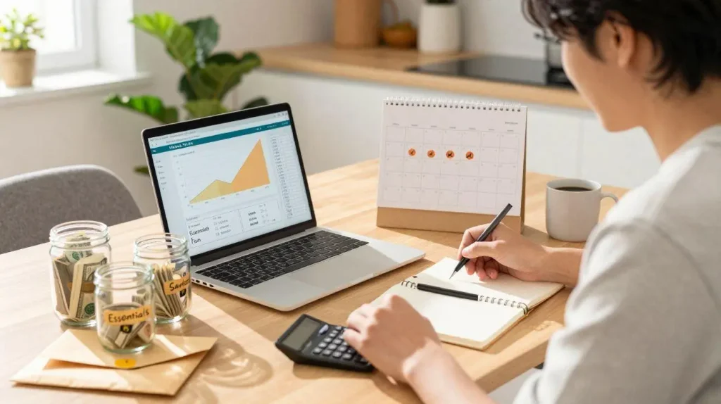 Person managing savings and building a financial reserve