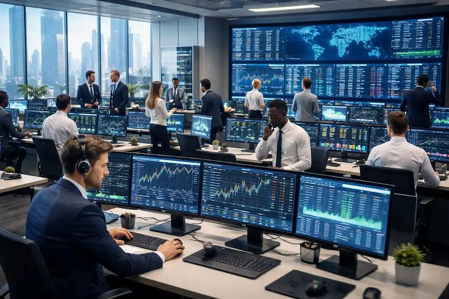 Investors trading stocks and financial assets in financial markets