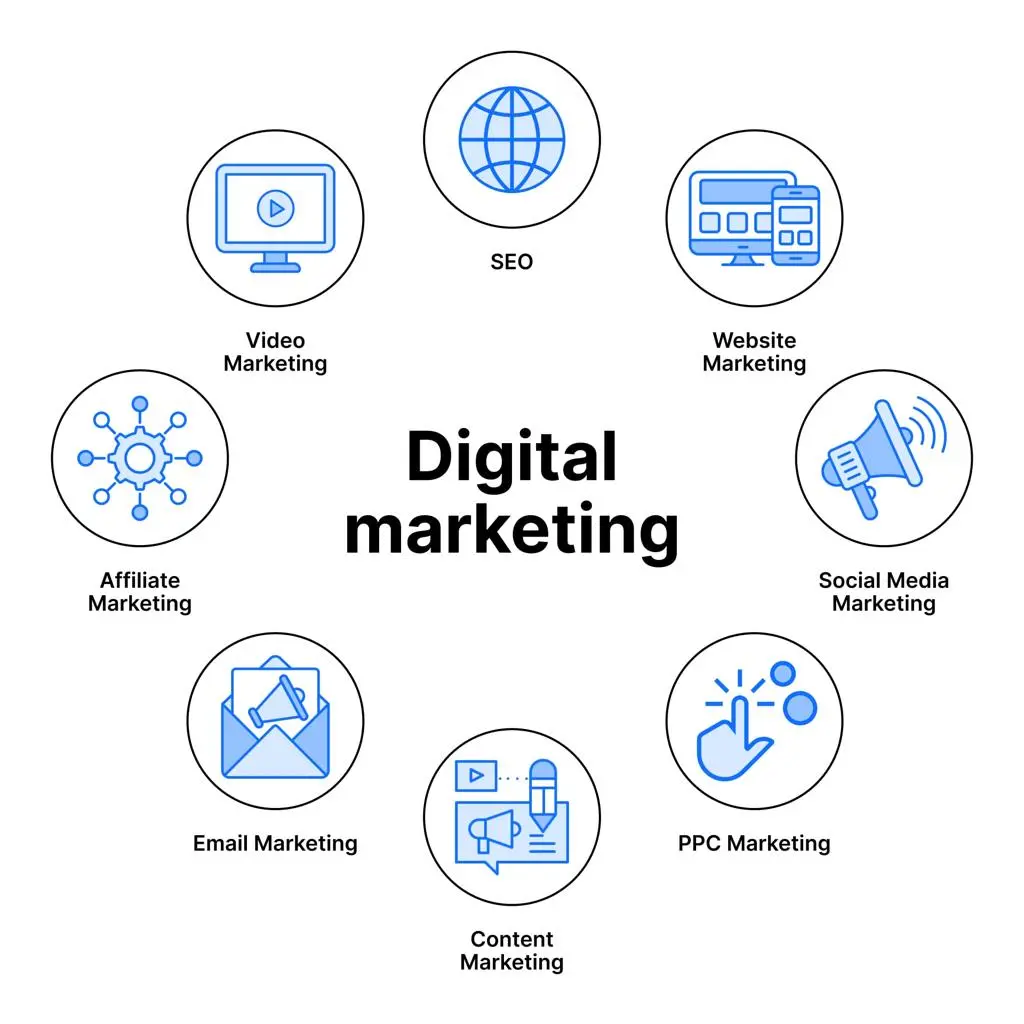 Main components of digital marketing including SEO content social media email and PPC