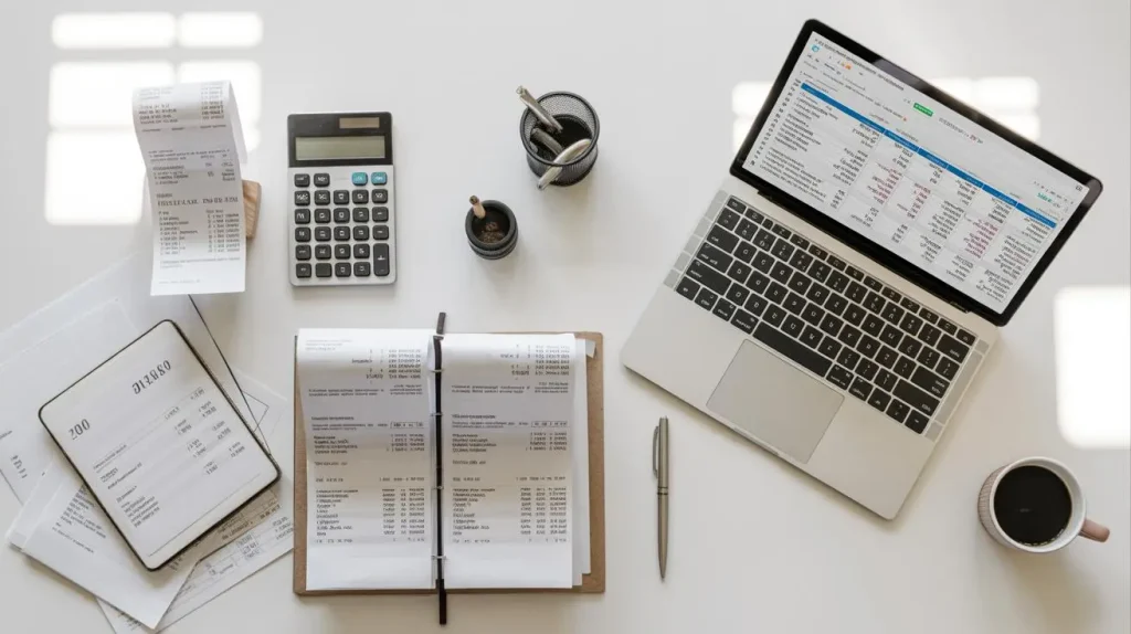 Business owner reviewing expenses and financial records