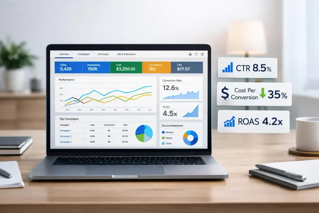 PPC advertising campaign dashboard showing clicks, ad spend, and conversions.