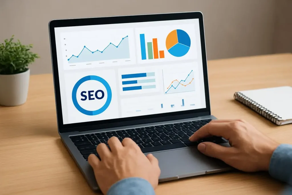 SEO analytics dashboard displaying traffic trends and performance metrics.