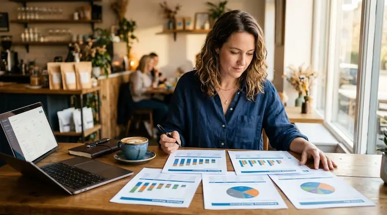 Business owner reviewing sales reports to improve profitability