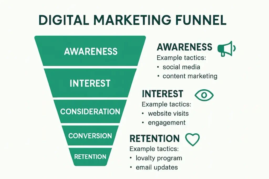 Customer journey stages from awareness and consideration to conversion and retention.