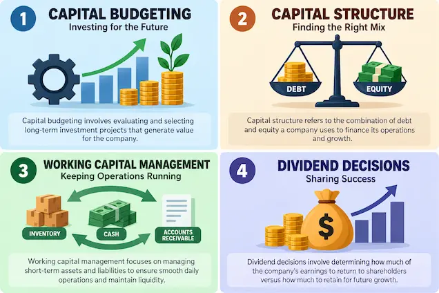 Main areas of corporate finance including capital budgeting, capital structure, working capital management, and dividend decisions.