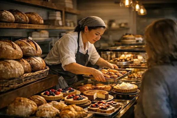 Bakery owner managing daily operations in a small business