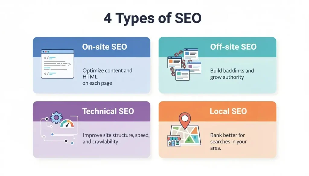 Four types of SEO, including on-page, off-page, technical, and local SEO.