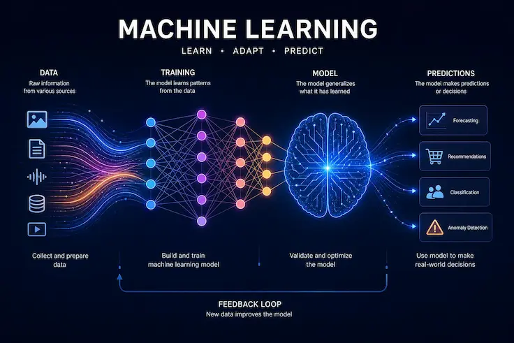 Narrow AI workflow showing data processing, machine learning, testing, and predictions