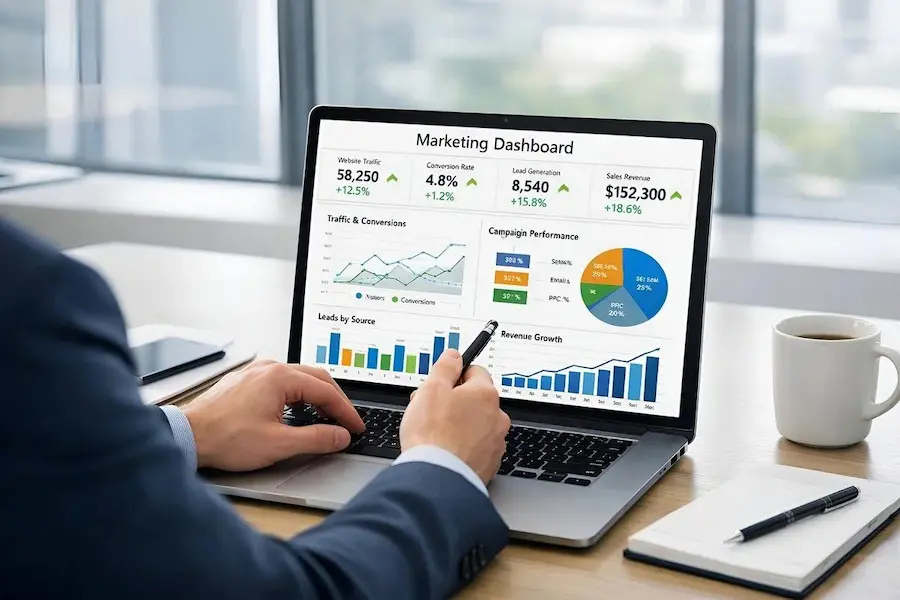 Digital marketing analytics dashboard displaying website traffic, conversions, and return on investment.