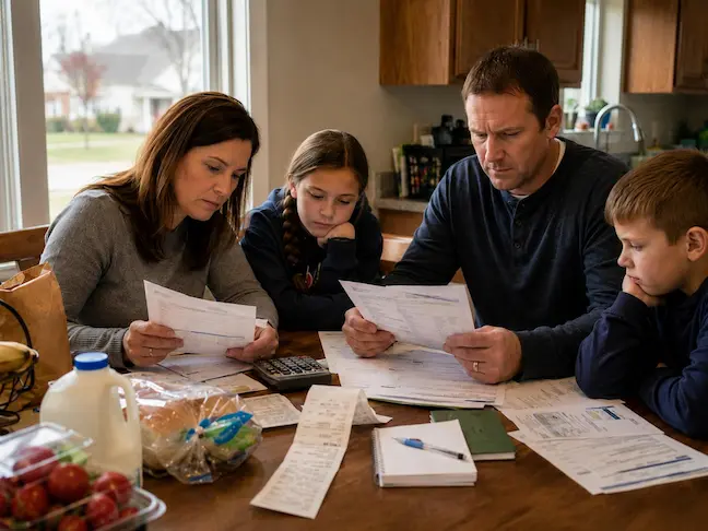 Family reviewing household expenses and financial plans together.