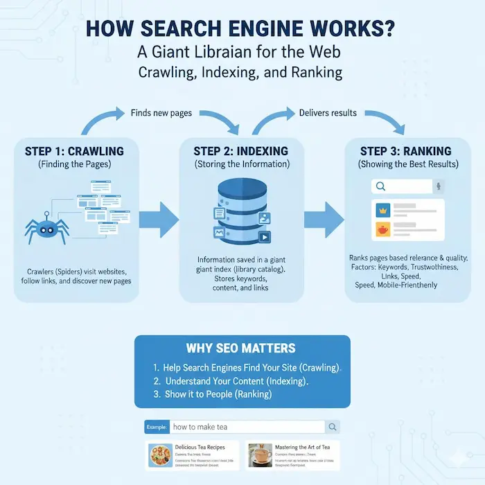 Infographic explaining how search engines crawl, index, and rank webpages.