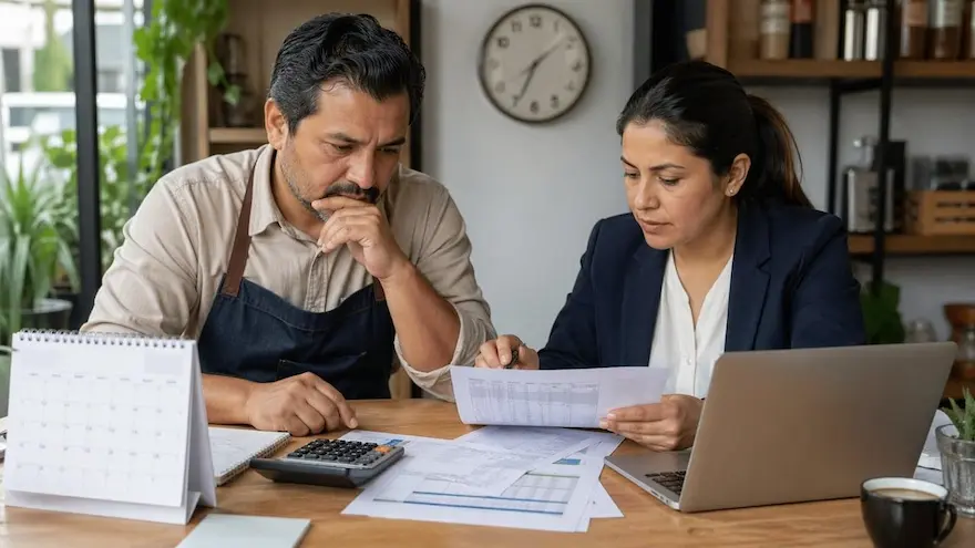 Business owner reviewing financial documents with an adviser