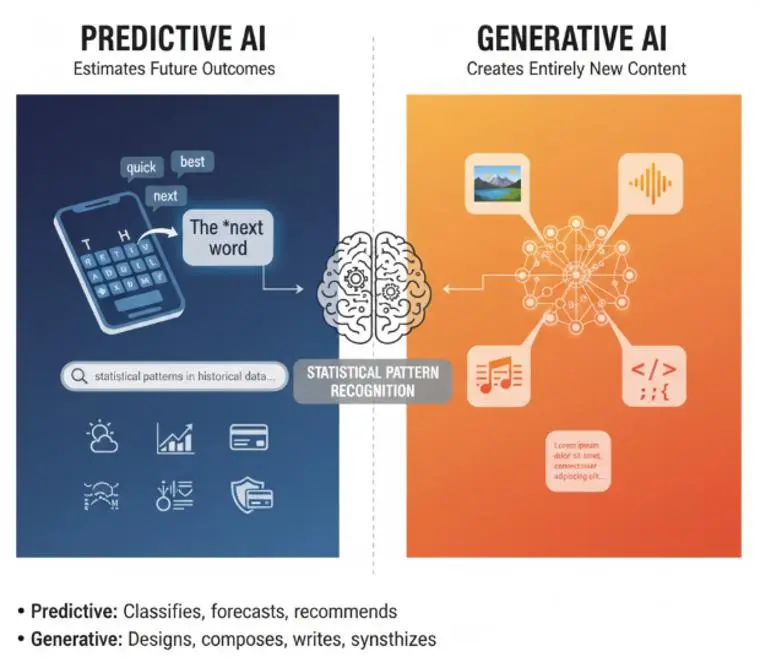 Comparison of generative AI, which creates content, and predictive AI, which classifies data and makes predictions.