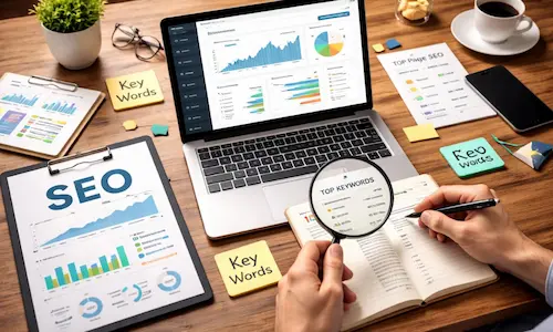 SEO tools and search performance analytics displayed on a laptop.