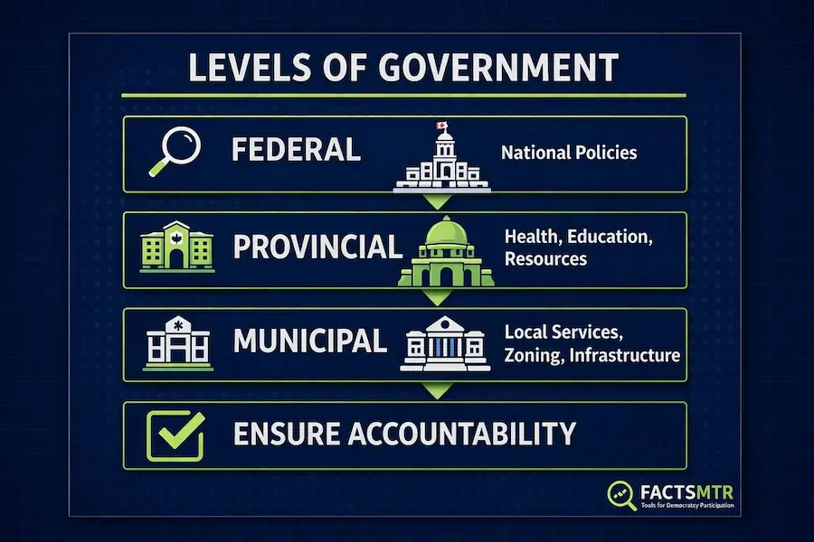 Federal, provincial, and local government finance illustrated through three levels of government.